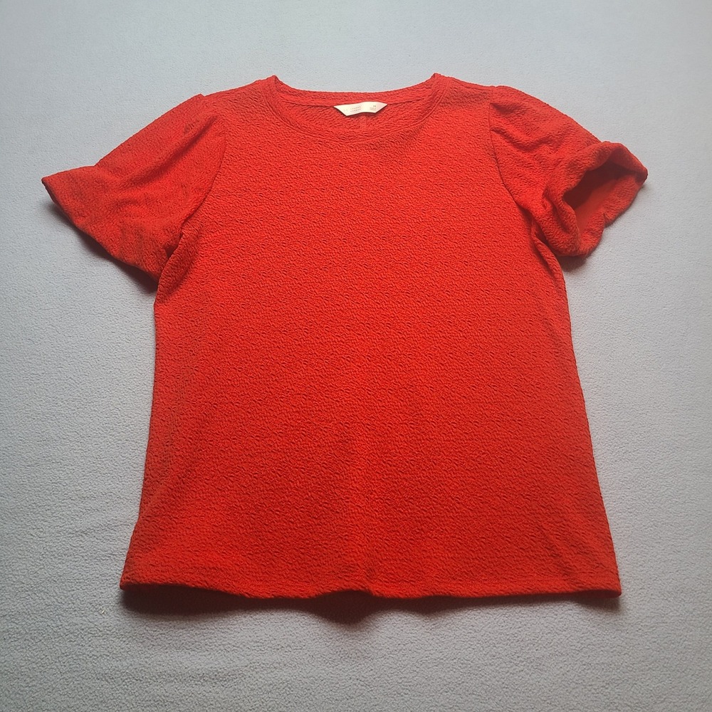 LC Lauren Conrad Top Women Medium Red Popcorn Knit Puff Sleeve Crewneck